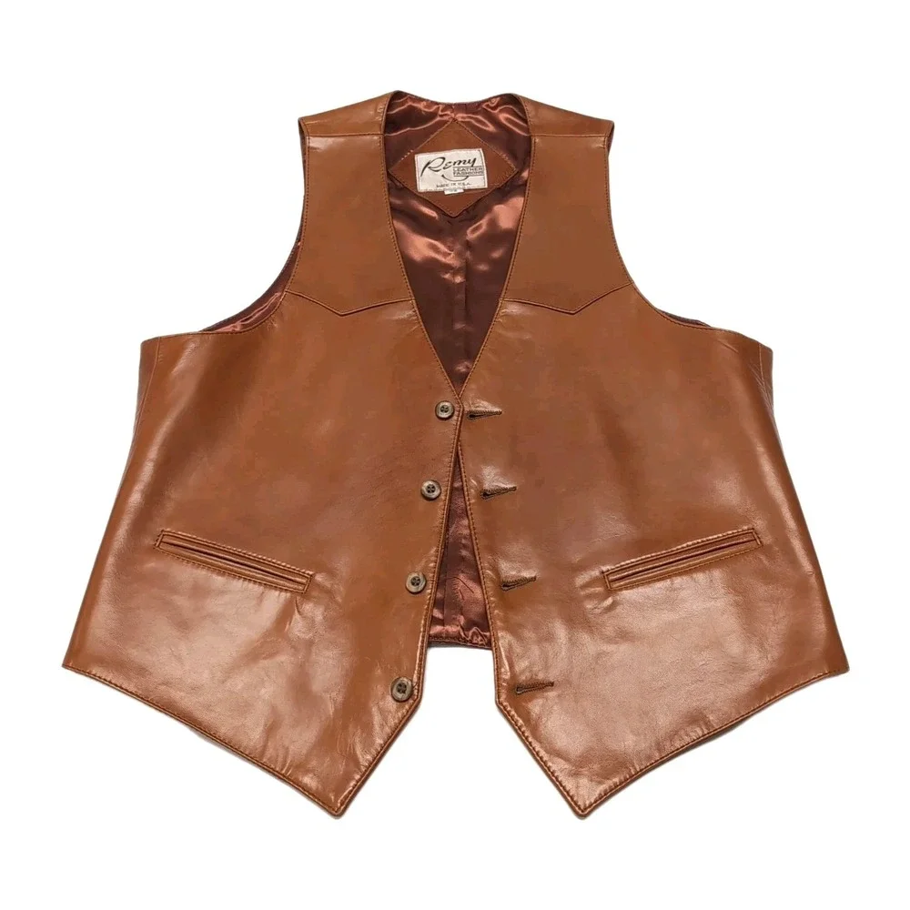 Vtg Remy Leather Fashions Leather Vest Mens 42 Cognac Brown Western‎ USA